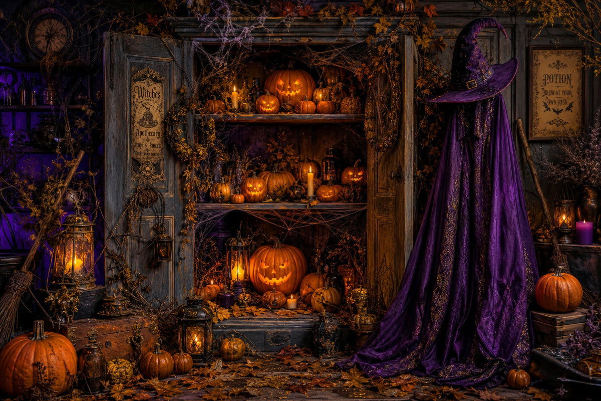 Halloween-Stoffhintergrund Hexe Apotheker Kürbis Schrank Friedhof Halloween Hintergründe LXX67-99