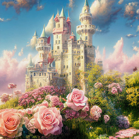 Fantasie Garten Schloss Blumen Wolken Hintergrund M-39