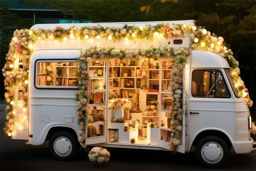 Mit Blumen beleuchtete, mit Büchern gefüllte Bus-Hintergrundkulisse M1-10