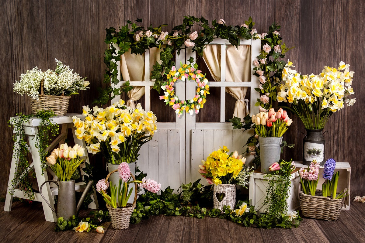 Frühlingsblumenkranz Holztür Vintage Hintergrund M1-22