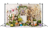 Ostern Eleganter Blumenkranz Holztür-Hintergrundkulisse M1-23