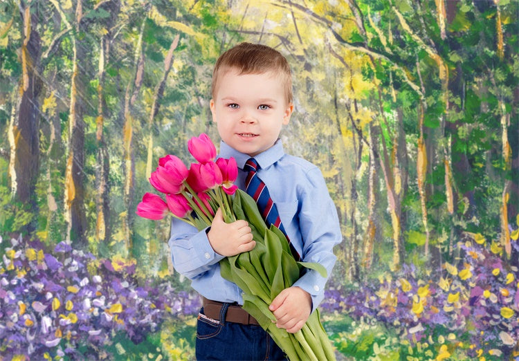 Frühling Ölgemälde Wälder Blumen Pfad Hintergrund M1-70