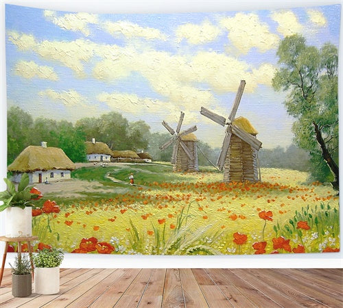 Frühling Ölgemälde Feld Blumen Windmühle Dorf Hintergrund M1-73