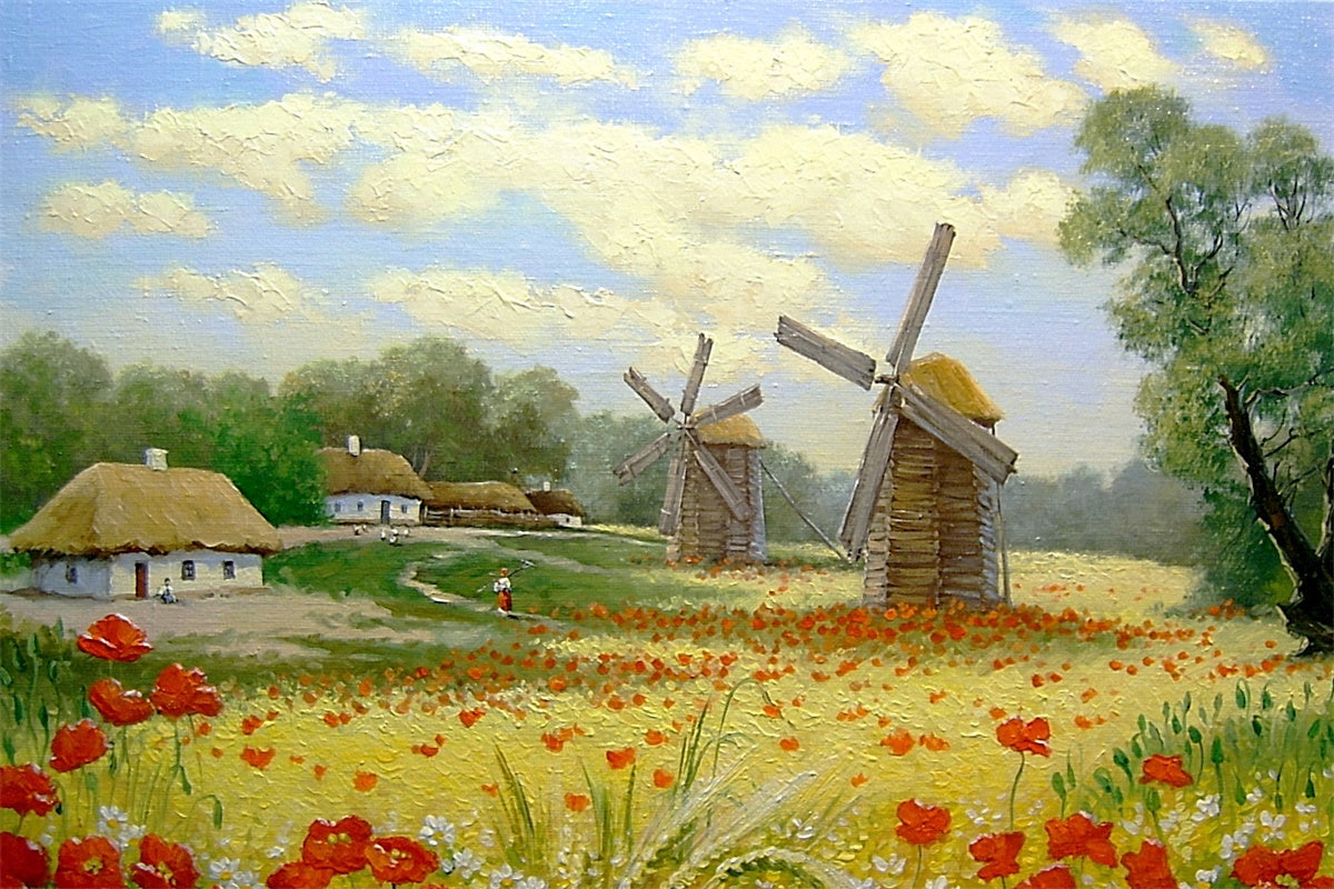 Frühling Ölgemälde Feld Blumen Windmühle Dorf Hintergrund M1-73