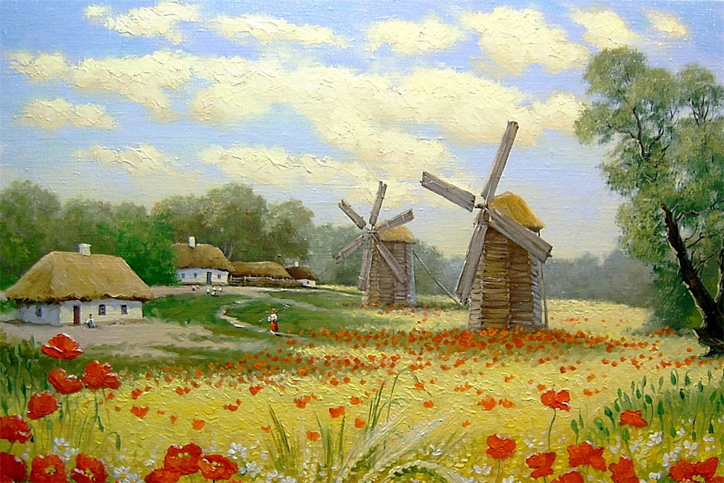 Frühling Ölgemälde Feld Blumen Windmühle Dorf Hintergrund M1-73