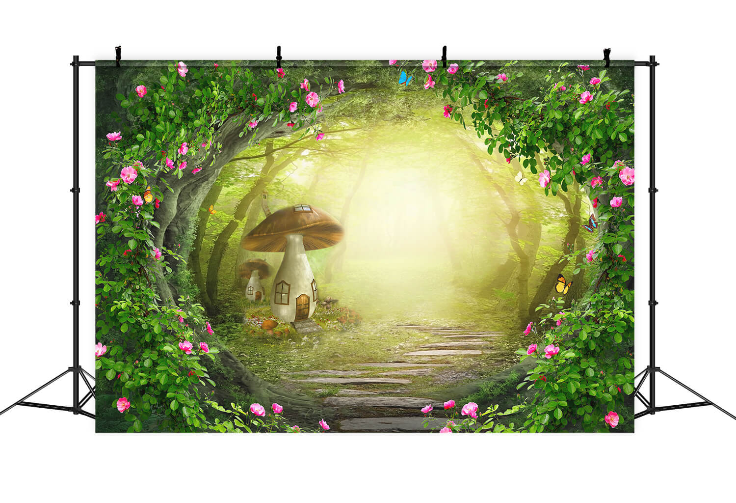 Fairytale Cartoon Blumen Schmetterlinge Surrounding Wald Pilz Haus Hintergrund M1-78