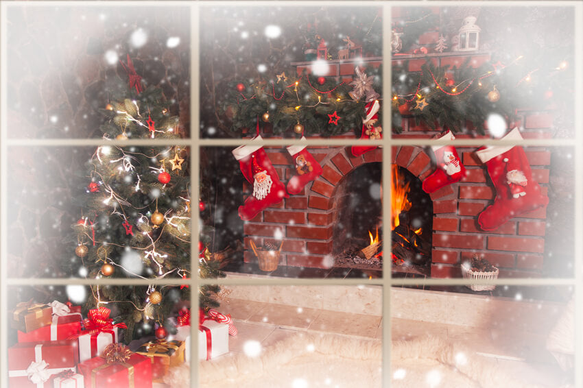 Weihnachten Kamin Fenster Fotografie Hintergrund M10-43