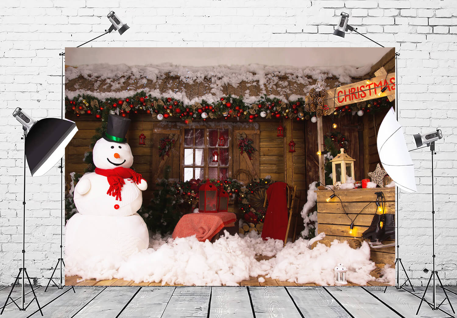 Weihnachtsbaum Holzhaus Schneemann Hintergrund M11-06