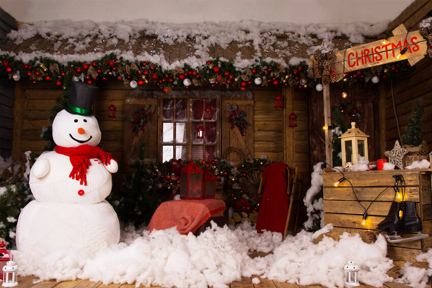 Weihnachtsbaum Holzhaus Schneemann Hintergrund M11-06