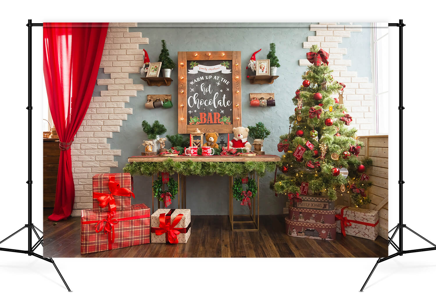 Weihnachtsbaum Rot Vorhang Geschenke Studio Hintergrund M11-36