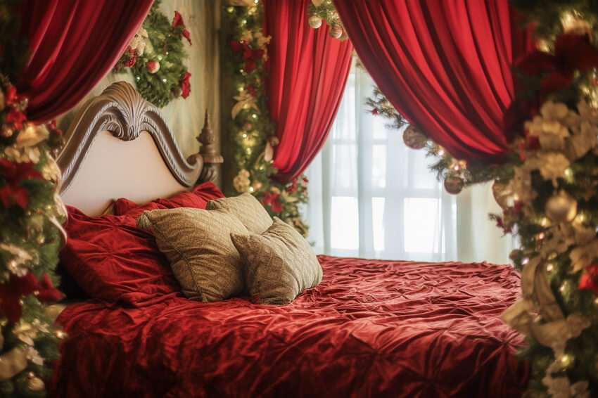 Weihnachten Zimmer Girlande Rotes Bett Hintergrund M11-39