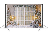 Verschneiter Weihnachtsbaum Warmer Stern Straßenlaternen Glasfenster Hintergrund M11-80