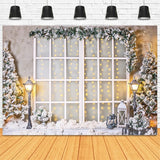 Verschneiter Weihnachtsbaum Warmer Stern Straßenlaternen Glasfenster Hintergrund M11-80