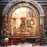 Weihnachtsbaum Warmes französisches Fenster Straßenszene Verschneiter Holzboden Kulisse M12-03