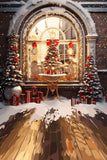 Weihnachtsbaum Warmes französisches Fenster Straßenszene Verschneiter Holzboden Kulisse M12-03