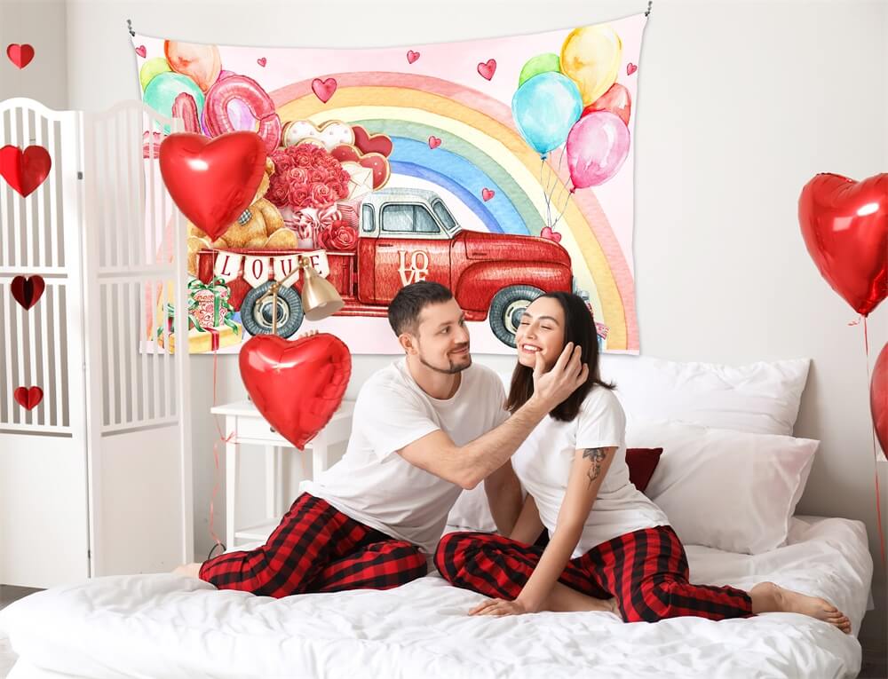 Valentinstag Rose Bär Kofferraum Rotes Auto Regenbogen Luftballons Graffiti Hintergrund M12-11