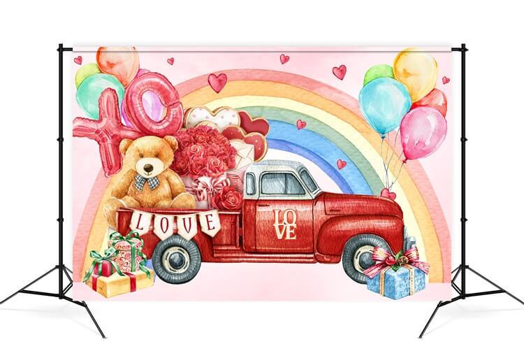 Valentinstag Rose Bär Kofferraum Rotes Auto Regenbogen Luftballons Graffiti Hintergrund M12-11