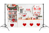 Valentinstag Küche Rotes Herz Dekorationen mit Blumen Hintergrund M12-14