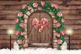 Valentinstag dunkles Holz Scheunentür rosa Rose Herz warm Straßenlaterne Hintergrund M12-41