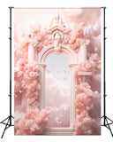 Dreamy Pink Blumen Wrapped Paradise Gate Wolken Flying Birds Hintergrund M2-14