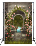 Romantische Rosa Wildrosen um Marmor Laube Bach Wald Hintergrund M2-18