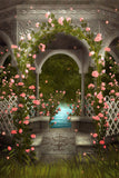 Romantische Rosa Wildrosen um Marmor Laube Bach Wald Hintergrund M2-18
