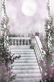 Mysteriöses Mondlicht Nebel umhüllt Marmor Stufen lila Blume Rebe Hintergrund M2-19