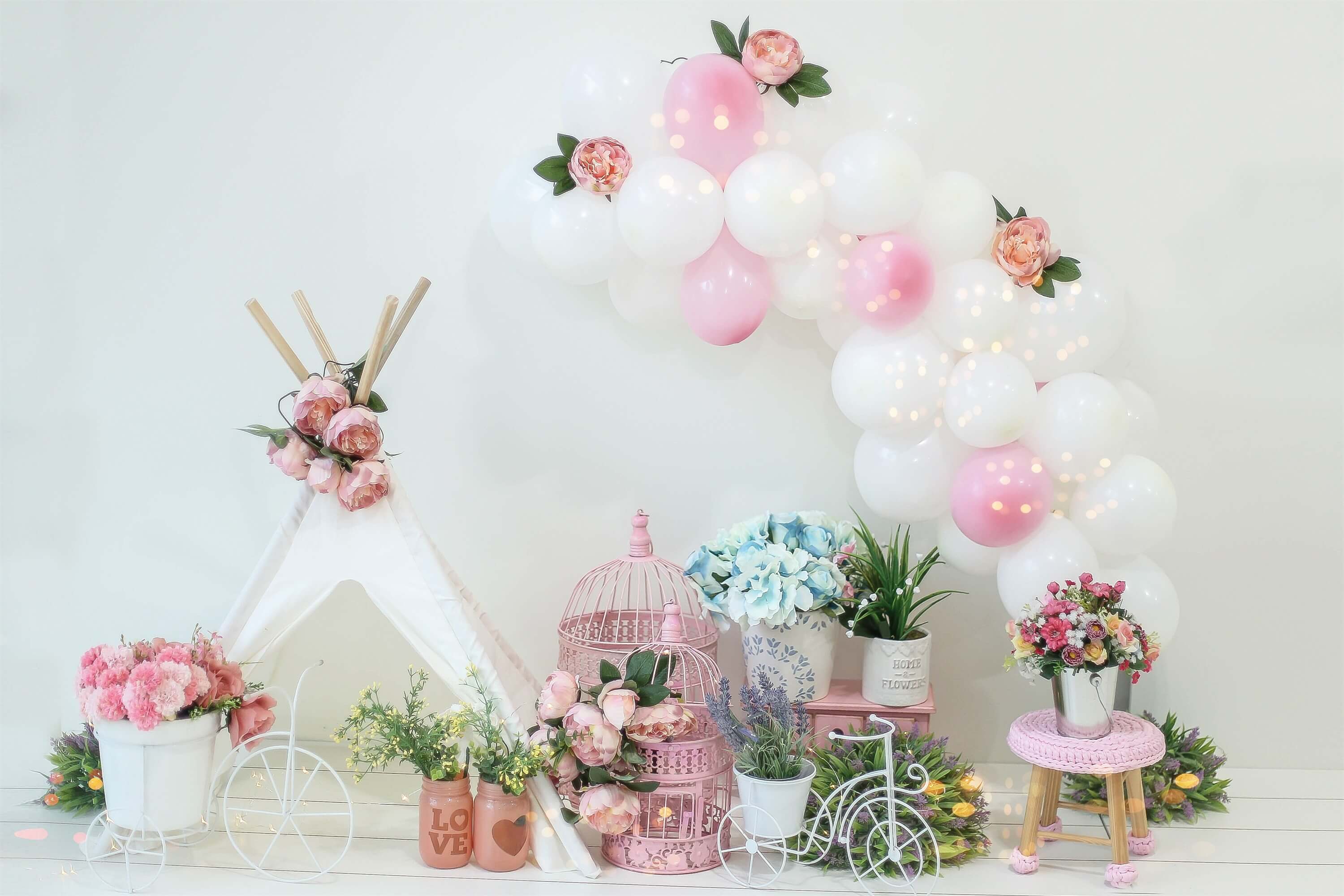 Rosa und weiße Ballonblume kleines Zelt Handwerk Dekoration Geburtstag Hintergrund M2-20