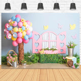 1. Geburtstag Bunte Ballon Baum Blaue Wand Rosa Fenster Schmetterling Hintergrund M2-23
