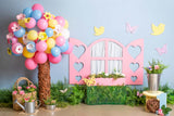 1. Geburtstag Bunte Ballon Baum Blaue Wand Rosa Fenster Schmetterling Hintergrund M2-23