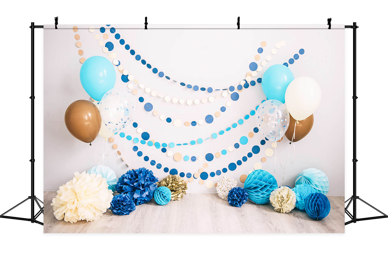 Geburtstagsparty Beige Wand Holzboden Bunte Punkte Ballon Papier Blume Hintergrund M2-29