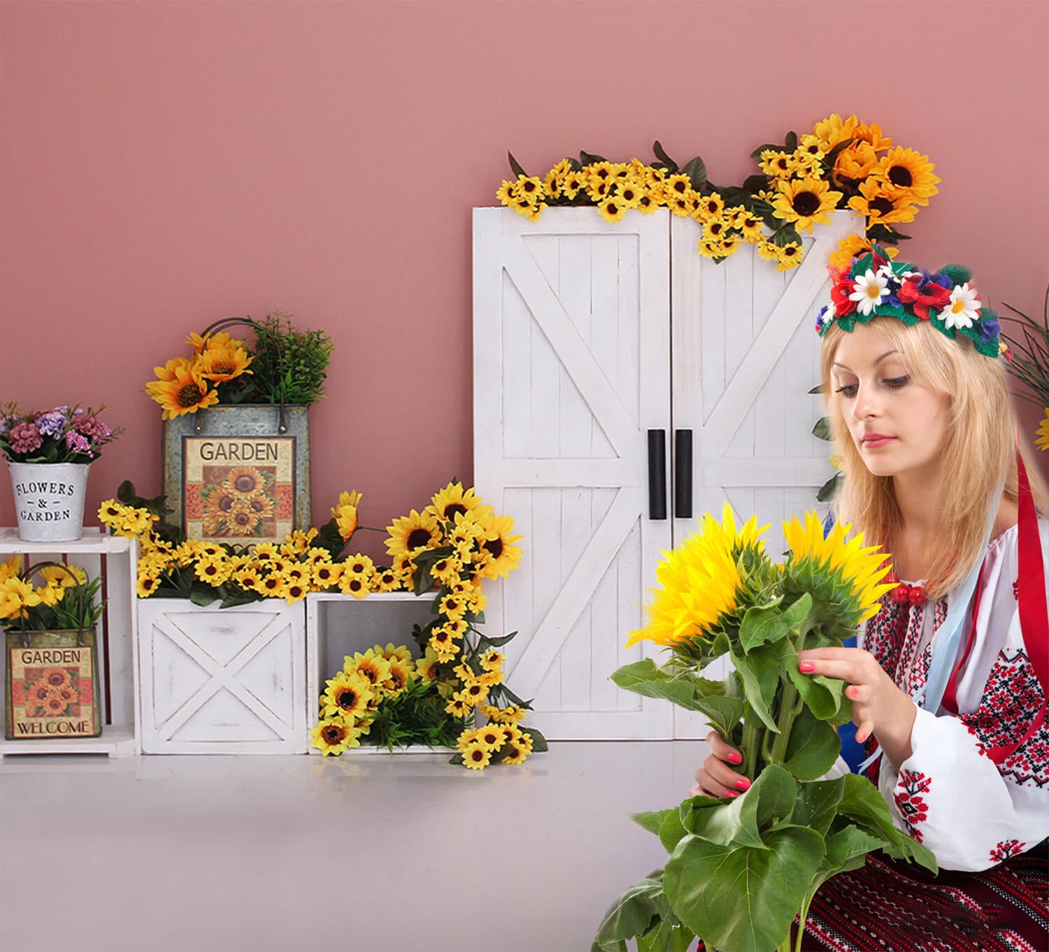 Sonnenblumen Garten Scheunentor Fotografie Hintergrund M5-137