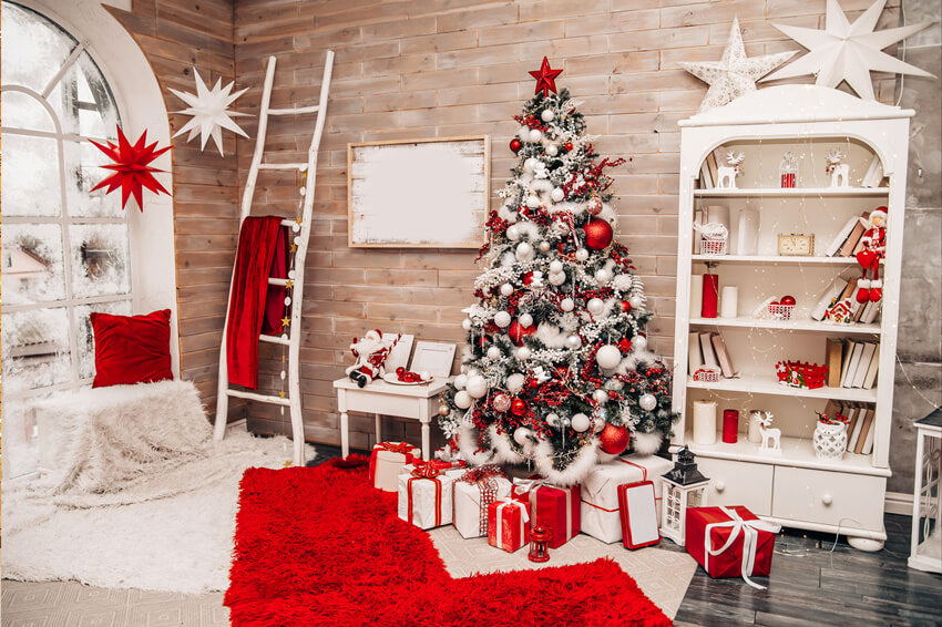 Weißer Raum Weihnachtsbaum Geschenke Spielzeug Hintergrund M6-09