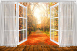 Herbstliche Fensteransicht mit Ahornblättern Hintergrund M6-101