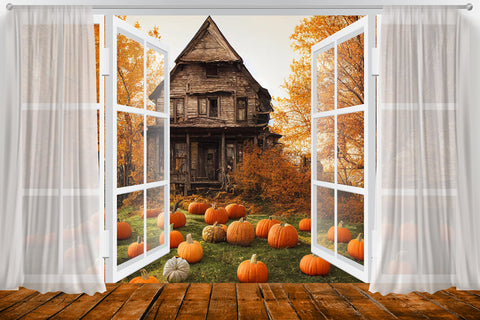 Herbstliche Fensteransicht Kürbis Altes Haus Hintergrund M6-132