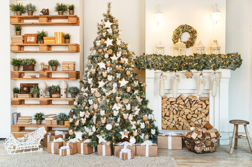 Weihnachtsbaum Bücherregal Kamin Socken Hintergrund M6-87