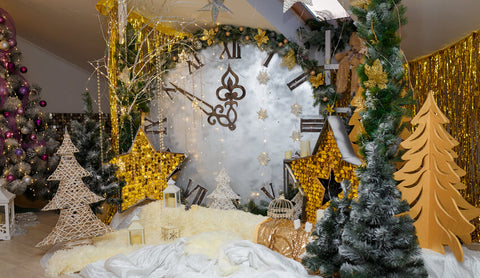 Weihnachtsabendglocke Goldene Sterne Tannenbaum Hintergrund M6-96