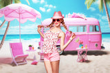 Sommer Mode Puppe Strand Rosa Bus Hintergrund M7-87