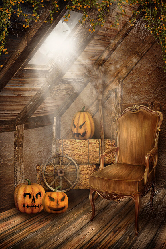 Halloween Alte Dachboden Kürbisse Sessel Kulisse M9-55