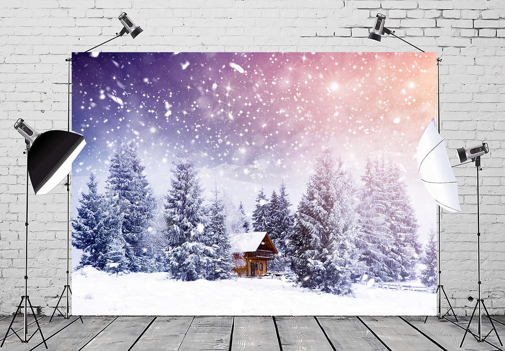 Märchenhafte Winterlandschaft Holzhütte Fallender Schnee Hintergrund MA-16