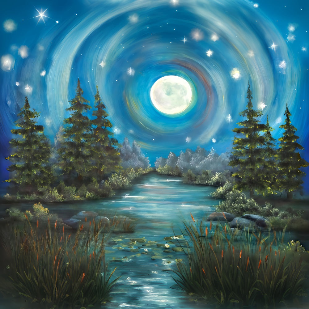 Wald-Hintergrund Mondbeschienener Wald Fluss Neugeborenen-Foto-Hintergrund MRR10-33