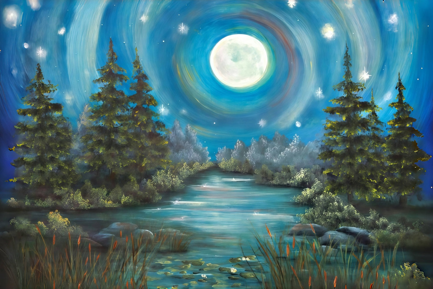 Wald-Hintergrund Mondbeschienener Wald Fluss Neugeborenen-Foto-Hintergrund MRR10-33