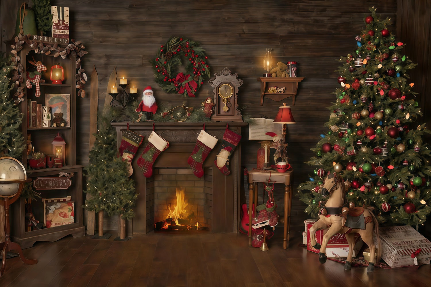 Weihnachts-Hintergrund Holzhaus Kamin Strümpfe Weihnachtsfoto-Hintergrund MRR10-52