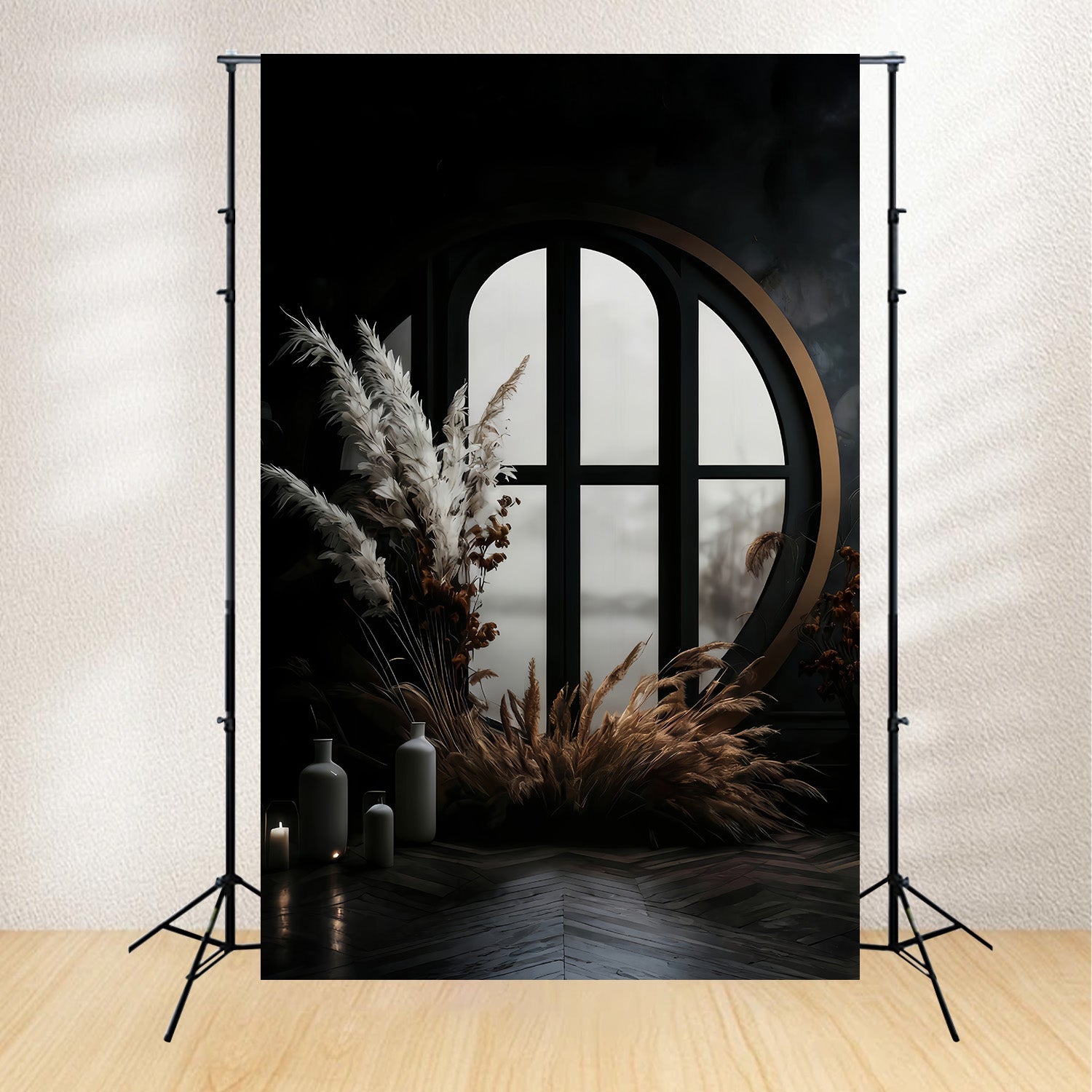 Boho-Hintergrund Dunkles Fenster Pampasgras Bohemian-Hintergrund MRR10-53