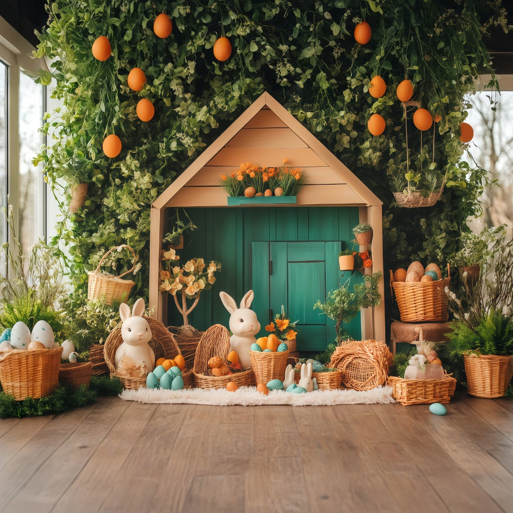 Osterhintergründe Pastellfarbenes Häuschen mit Hasen Oster-Fotokabinenhintergrund MRR11-85