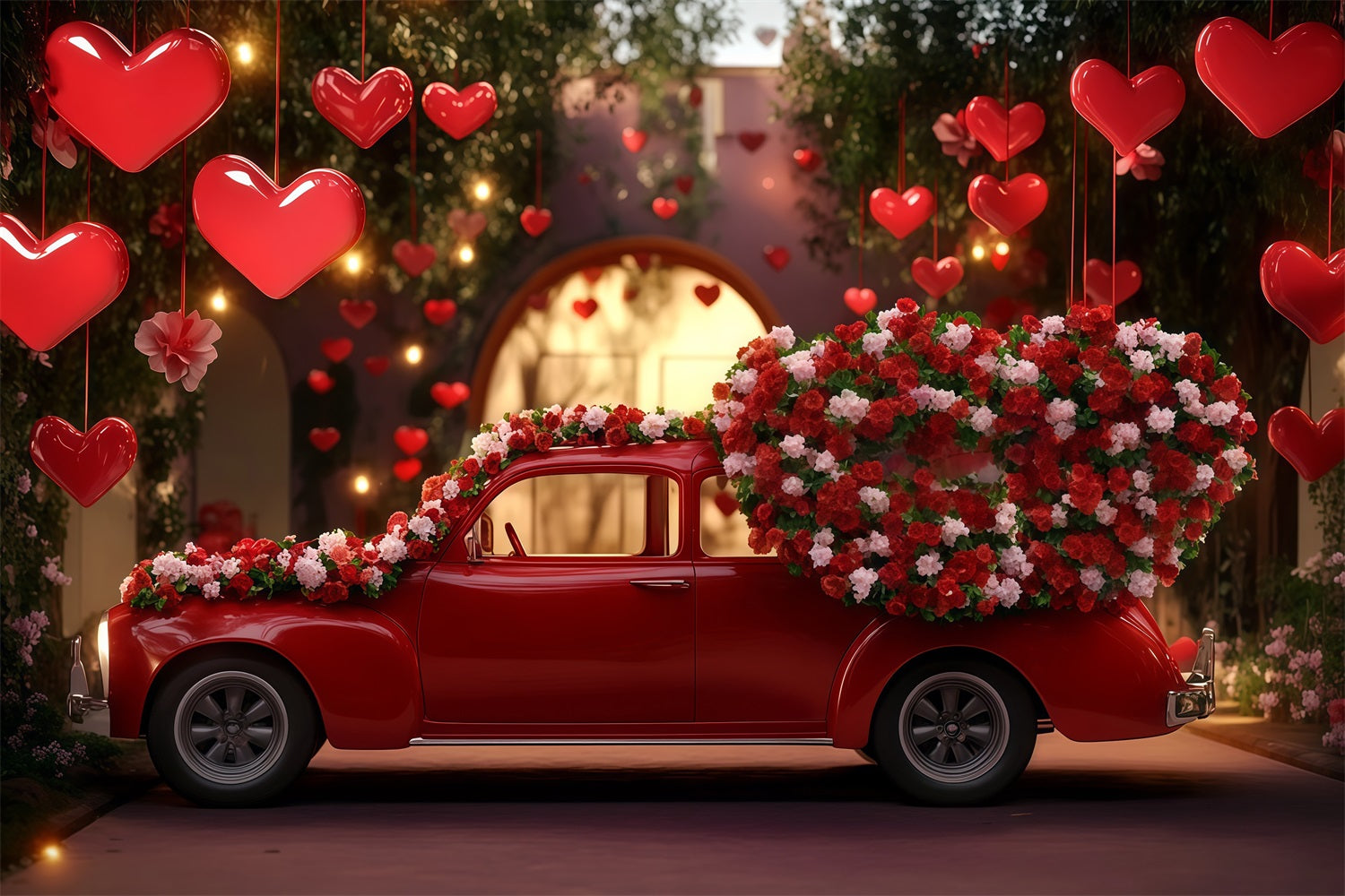 Valentinstag-Hintergrund Rotes Vintage-Auto Liebe Valentinstag-Hintergrund MRR11-98