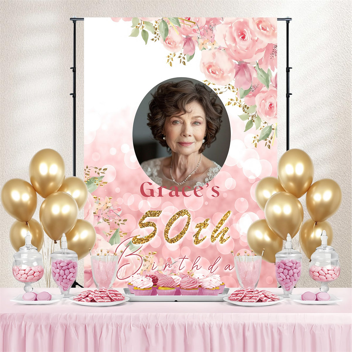 Personalisierte 50. Geburtstag Backdrop Romantisch Floral Elegant Backdrop MRR3-169