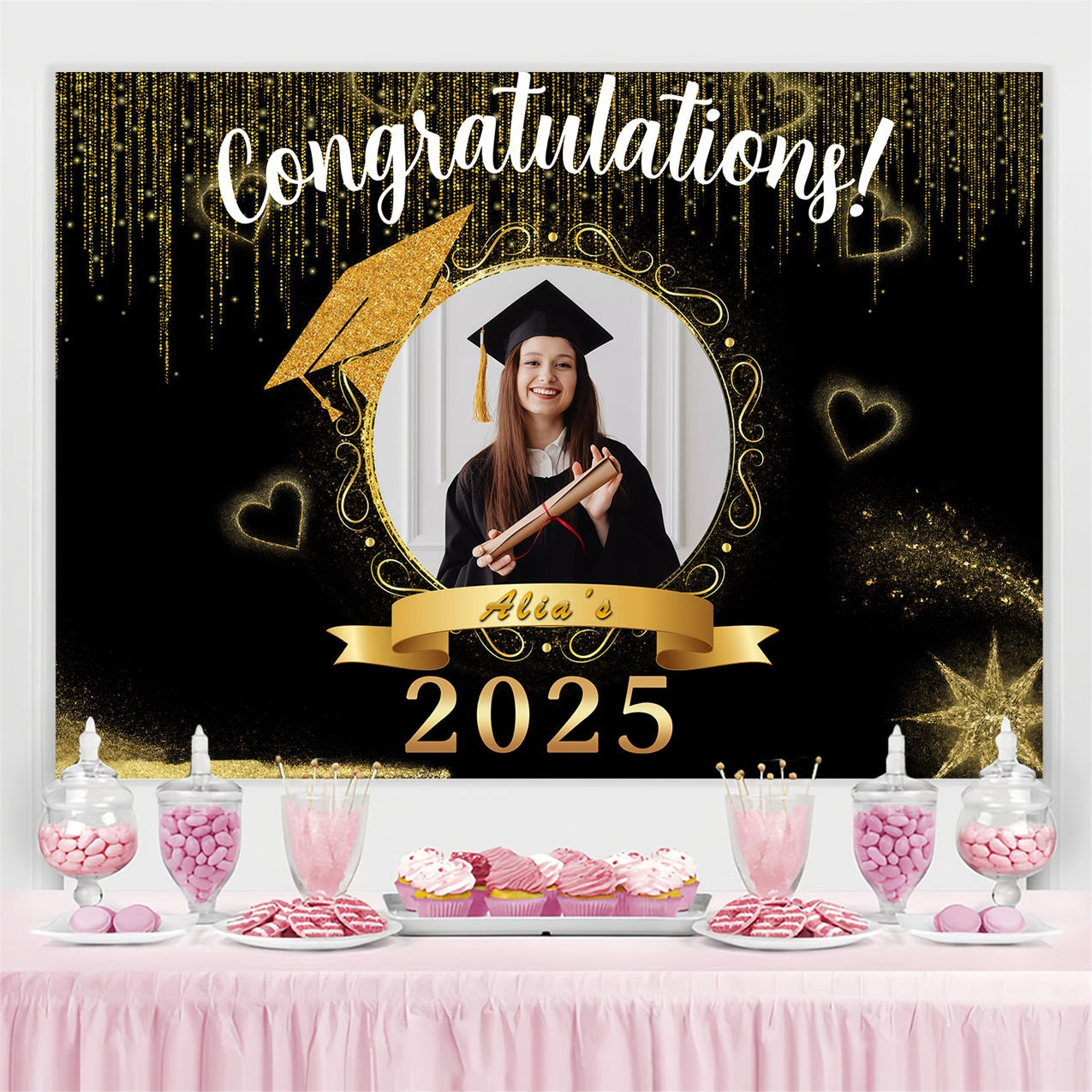 Graduation Backdrop Golden Funkeln Hearts Benutzerdefinierte Party Graduation Backdrop MRR3-171