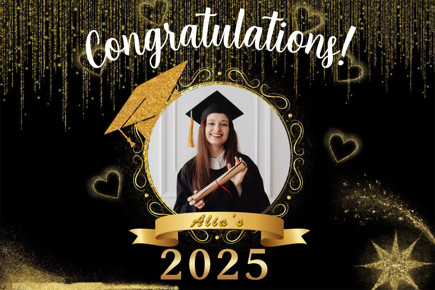 Graduation Backdrop Golden Funkeln Hearts Benutzerdefinierte Party Graduation Backdrop MRR3-171