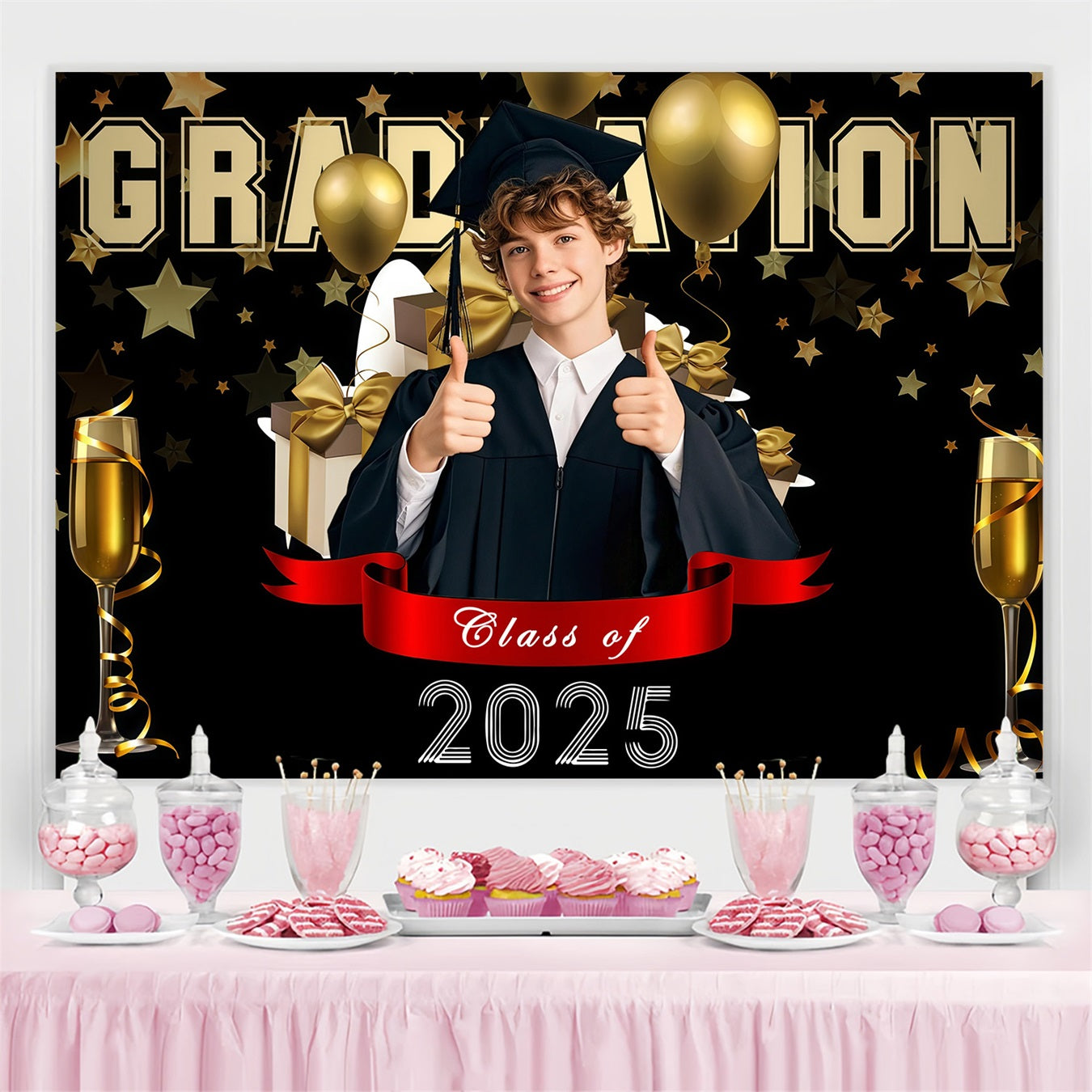 Abschlussfeier Fotohintergrund Champagner Sterne Ballon Personalisierte Party Abschlussfeier Backdrop MRR3-172